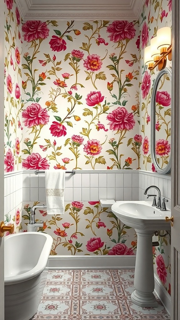 A bathroom featuring floral wallpaper with pink flowers, a white bathtub, and a pedestal sink.