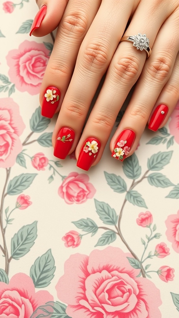 Close-up of red nails with floral designs on a floral background