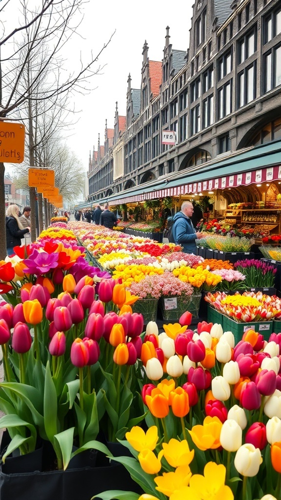 Colorful flower market in Amsterdam with tulips and traditional buildings