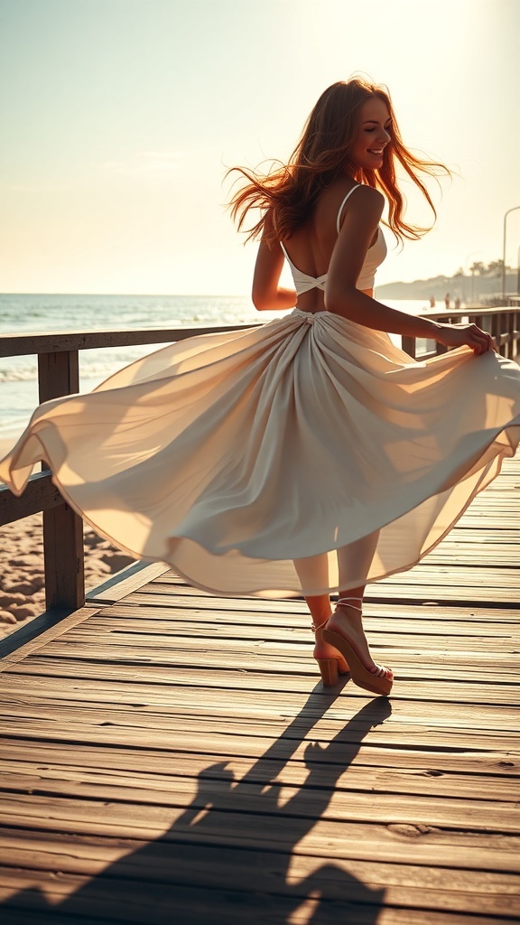 A woman in a flowy white skirt walking barefoot on a wooden path by the beach during sunset.