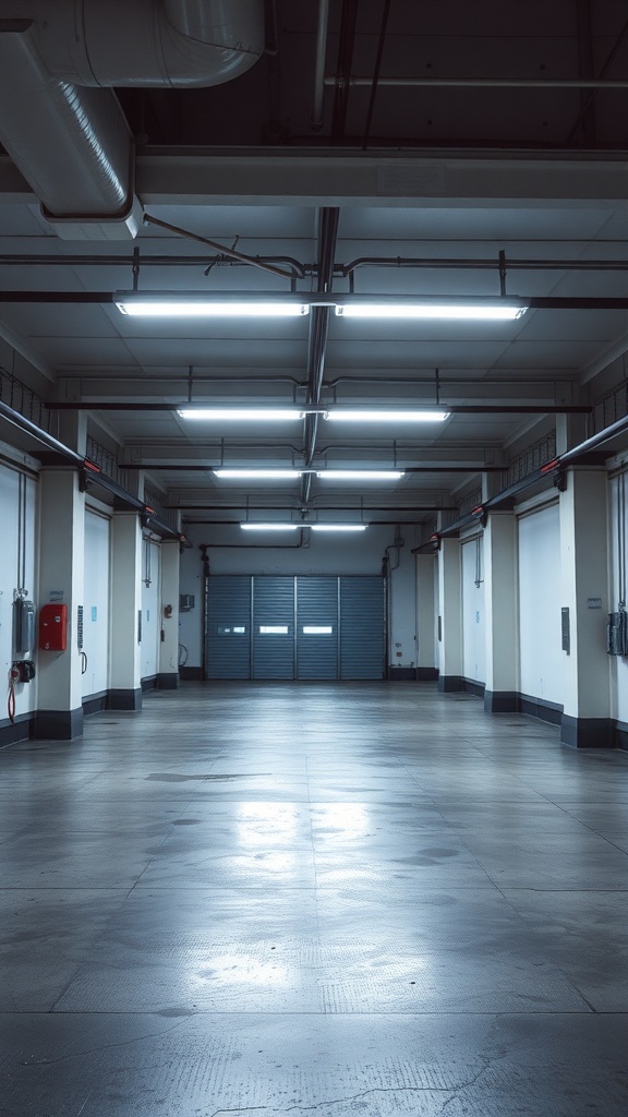 A spacious garage illuminated by fluorescent lights, showcasing a bright and clean environment.
