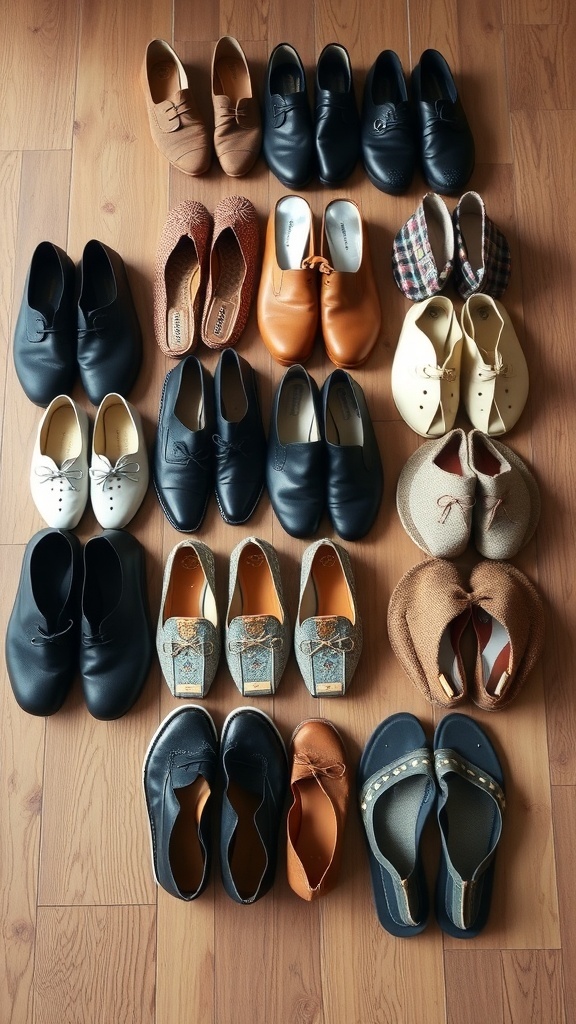 A variety of footwear options including flats, loafers, and sandals arranged neatly on a wooden floor.