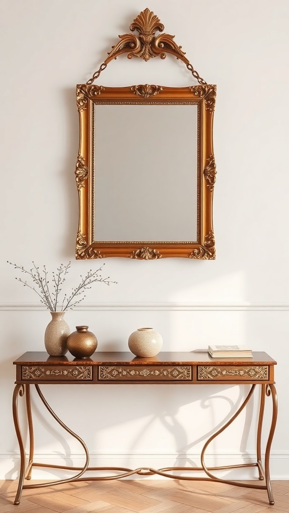 An ornate gold-framed mirror above a wooden console table with decorative vases.