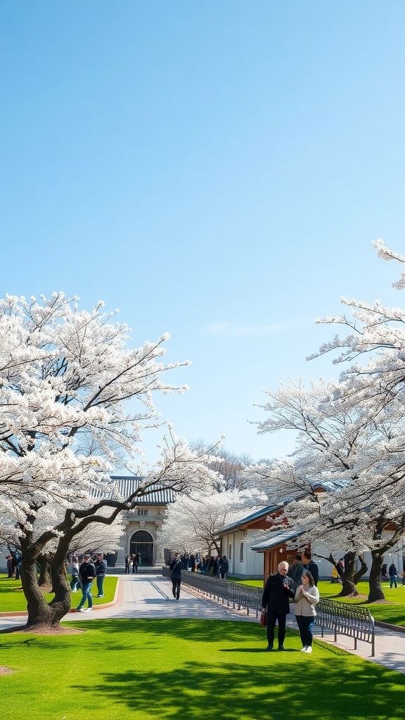 A beautiful scene of cherry blossom trees in full bloom with people walking in a park.