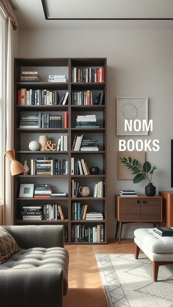 A freestanding bookshelf filled with books and decorative items, dividing a living room space.