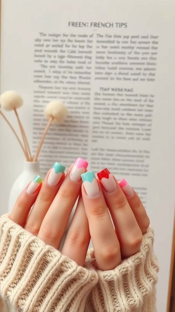 Nails with colorful French tips on a nude base, showcasing a playful twist on a classic style.