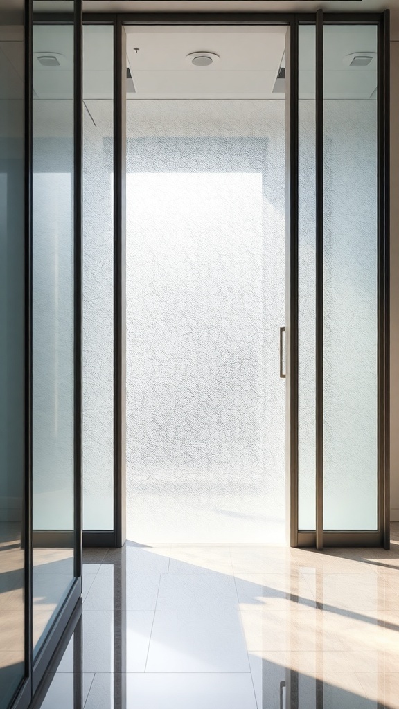 A modern frosted glass partition with a textured design, allowing light to pass through while providing privacy.