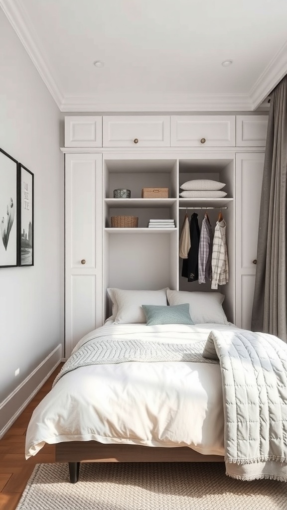 A cozy bedroom with a bed against the wall and a functional corner closet behind it.