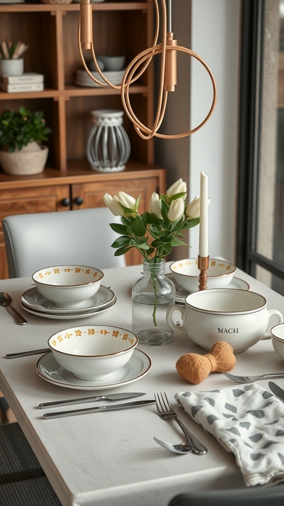 A stylish dining table set with white dinnerware, fresh flowers, and unique lighting.
