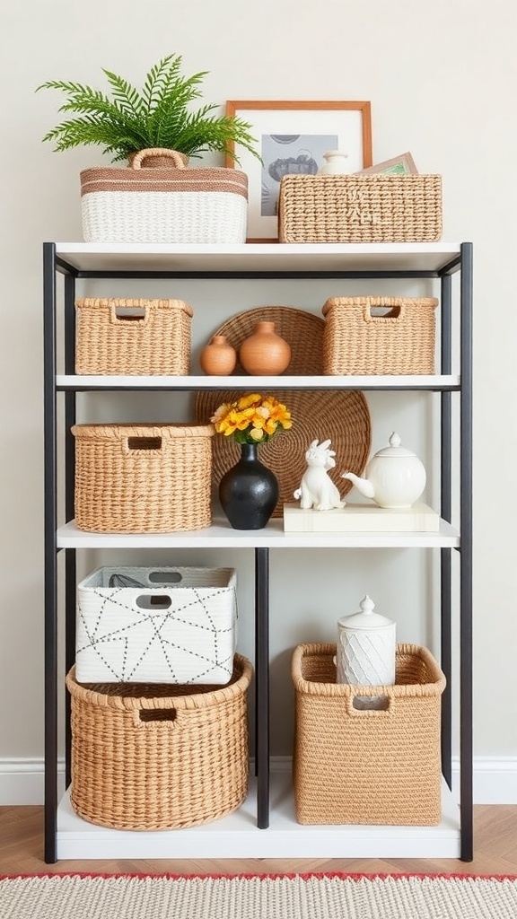 A stylish shelf with woven baskets, decorative objects, and a plant.