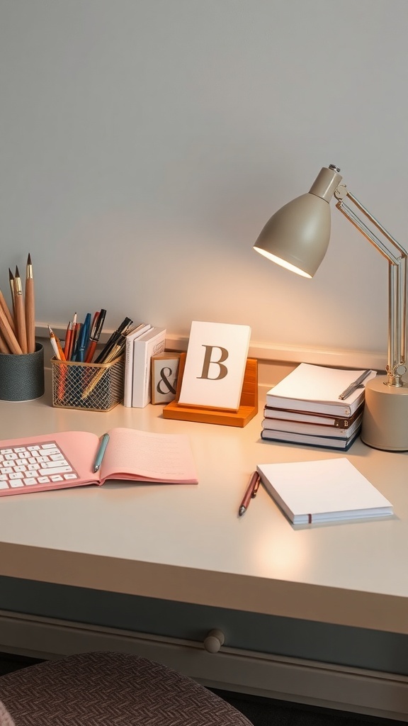 A stylish study desk with a lamp, organized stationery, and notebooks.
