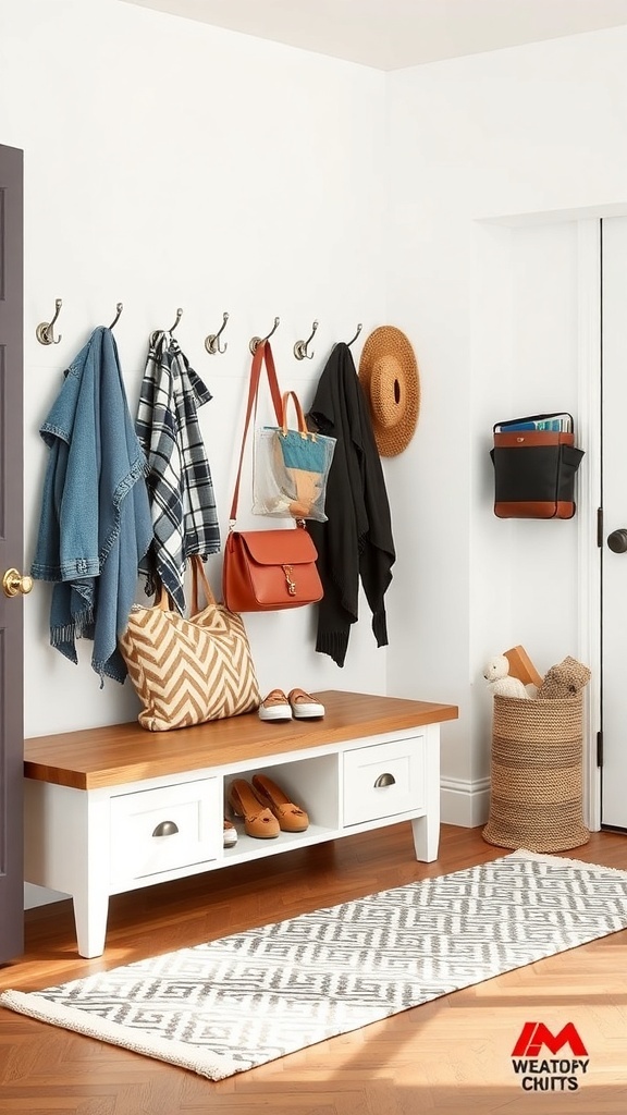 A cozy foyer with a storage bench, wall hooks for coats, and a patterned rug.