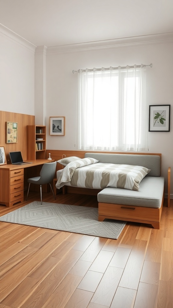 Cozy bedroom with a desk and a bed, showcasing functional furniture for a multi-purpose room.