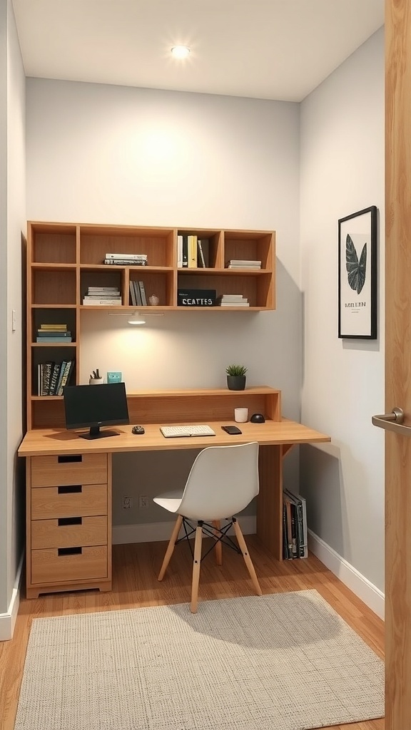 A small study room featuring a wooden desk with storage, a white chair, and shelves filled with books.