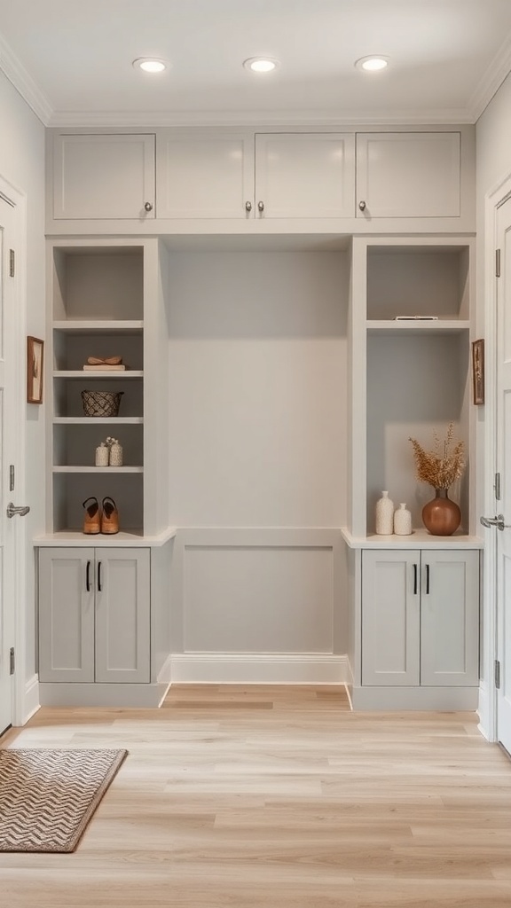 A functional half wall with built-in storage, featuring light gray cabinetry, shelves, and cabinets.