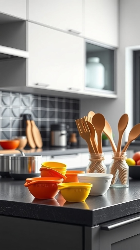 Colorful measuring cups and wooden utensils in a modern kitchen setting.