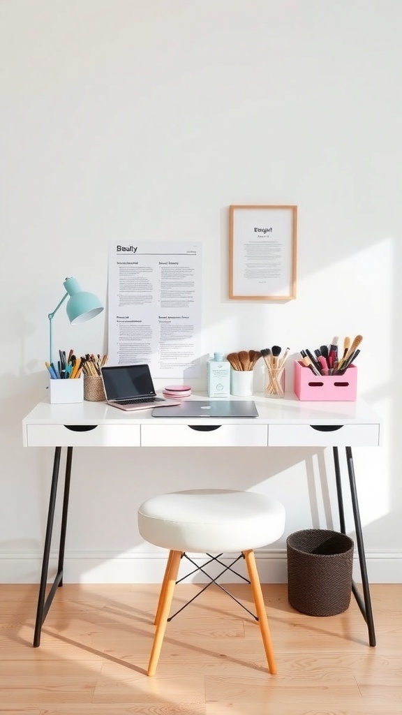 A functional dressing table with a white desk, organized makeup brushes, a laptop, and a stylish lamp.