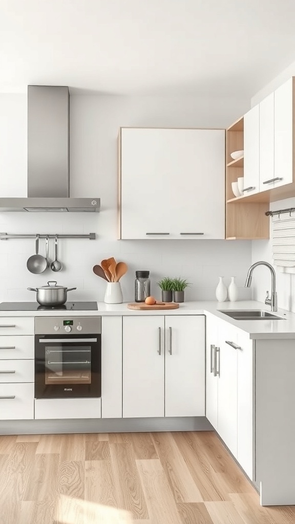 A modern L-shaped kitchen with white cabinets, a stove, and a sink, showcasing functional work zones.