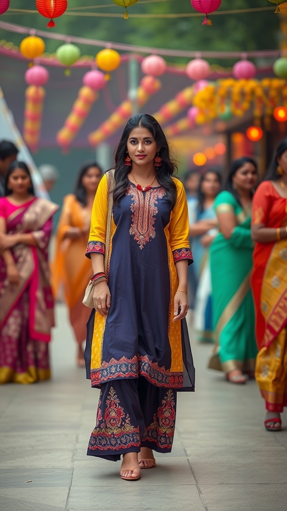 A woman wearing a navy blue kurti with yellow sleeves and palazzo pants, standing in a festive setting with colorful decorations.