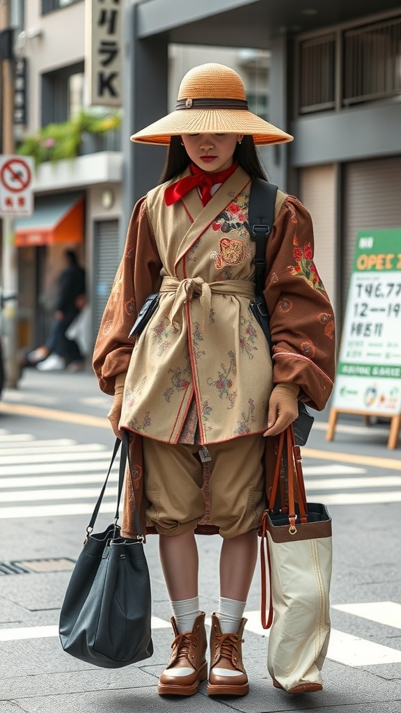 A person wearing a fusion outfit that combines traditional Japanese elements with modern casual wear.