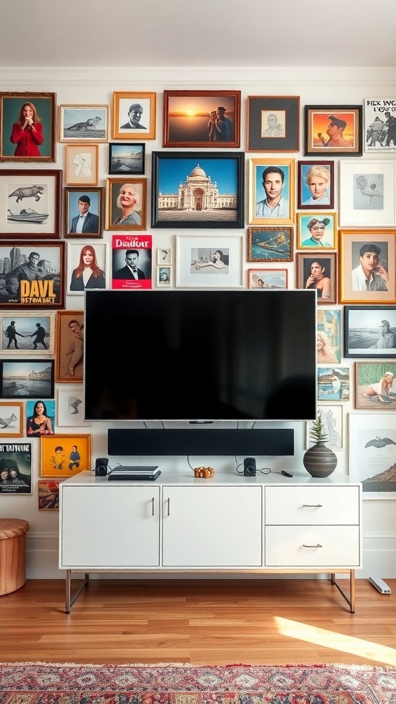 Gallery wall featuring a TV surrounded by various framed photographs