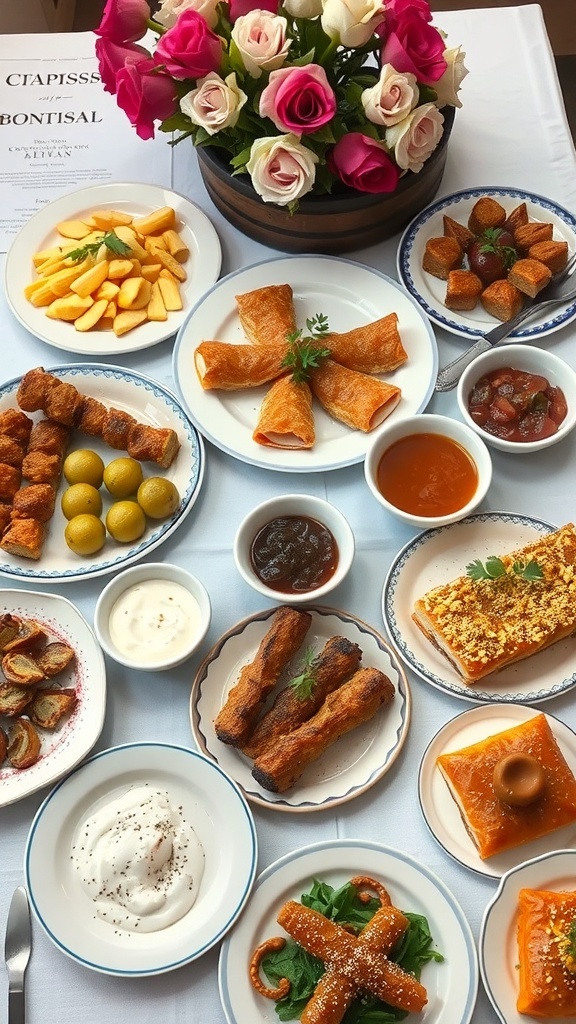 A table filled with various Turkish dishes including pastries, olives, fruits, and sauces, surrounded by flowers.