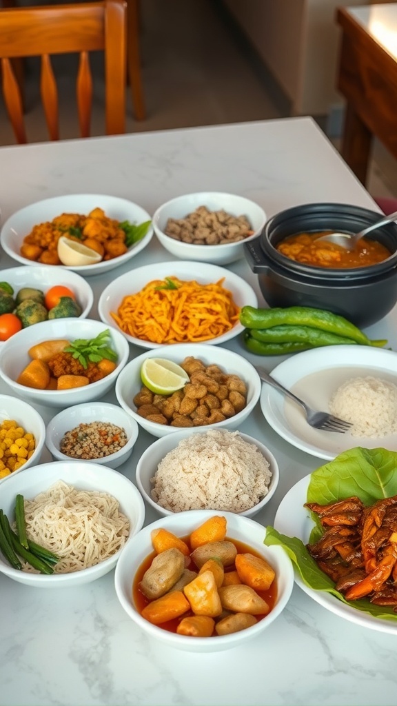A variety of traditional dishes from Da Nang, Vietnam, displayed on a table.