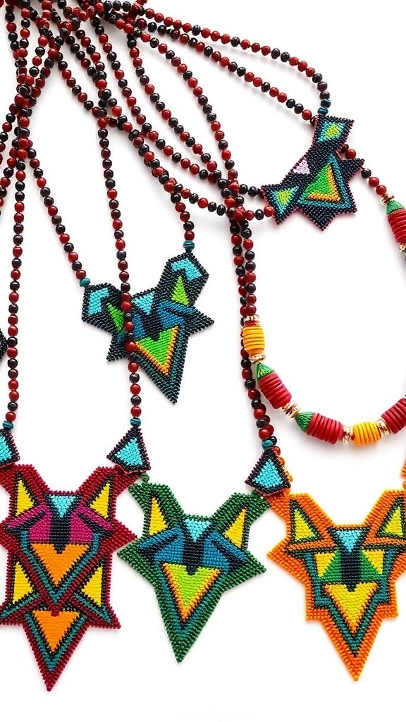 Colorful geometric pattern beaded necklaces with various shapes and designs.