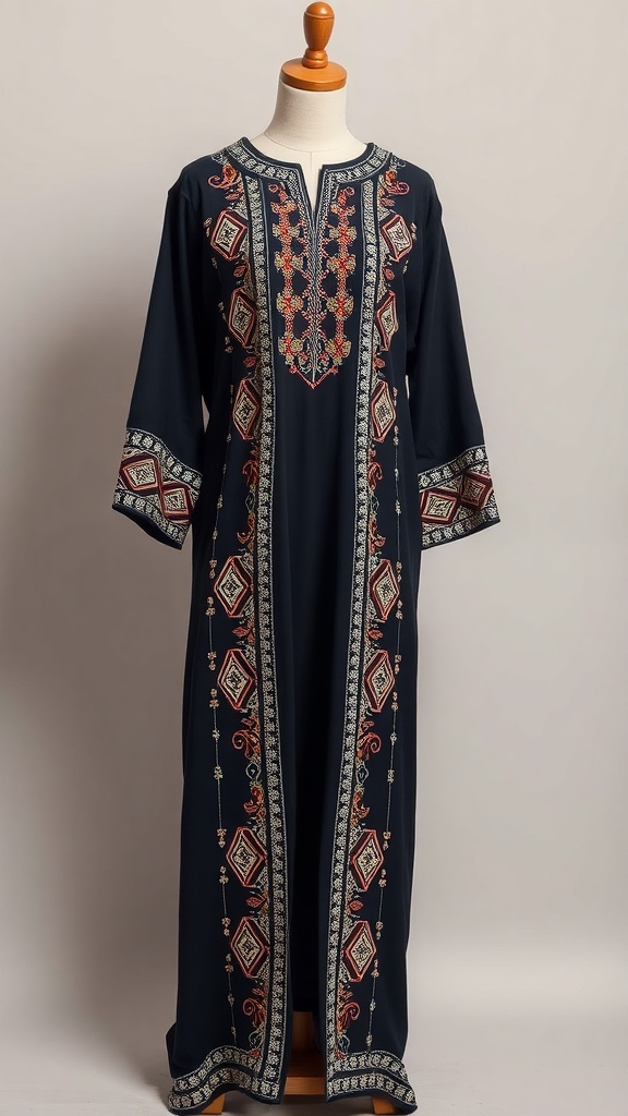 A dark embroidered abaya featuring geometric patterns and floral motifs.