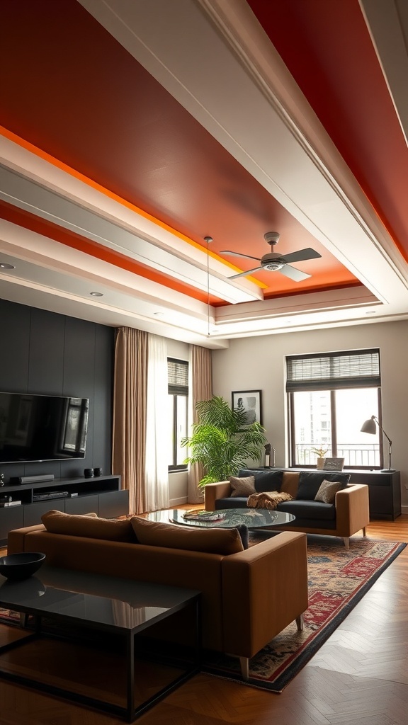 A modern living room with geometric ceiling molding in orange and white.