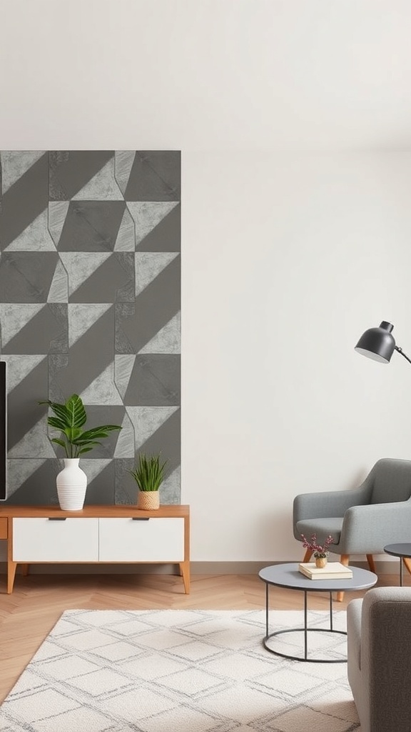 Modern living room with geometric half wall paneling in gray tones