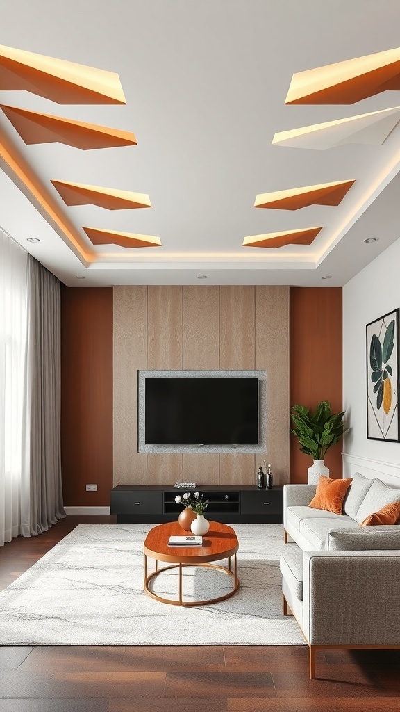 Modern living room with geometric ceiling design featuring orange accents and recessed lighting.