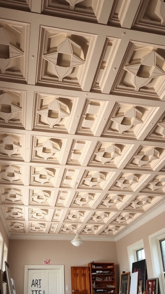 A coffered ceiling with geometric patterns featuring square panels and intricate designs.
