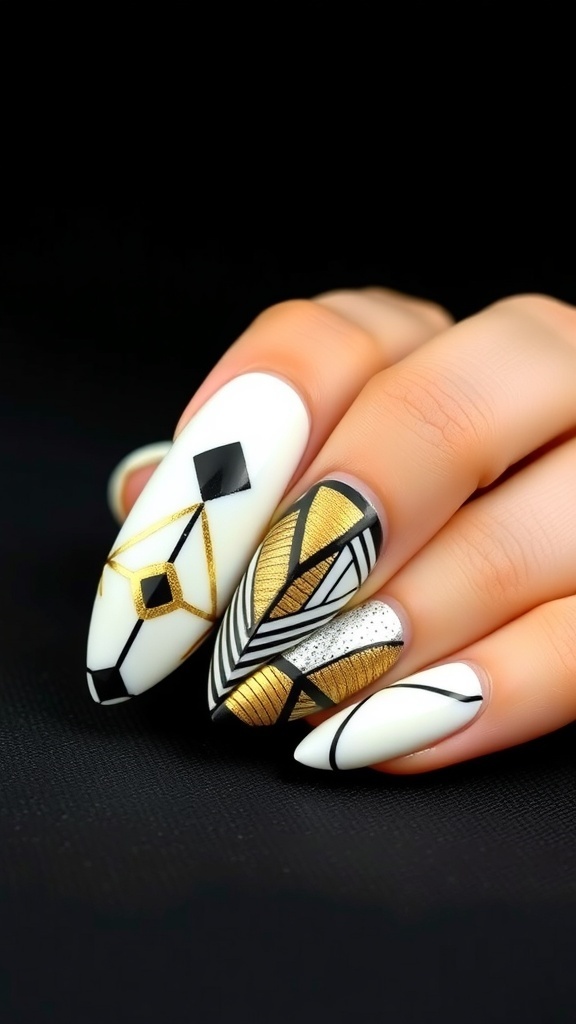 White almond nails with geometric patterns in black and gold