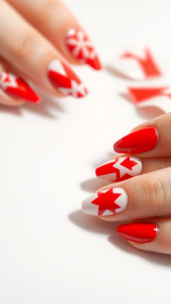 Close-up of hands with red geometric nail designs