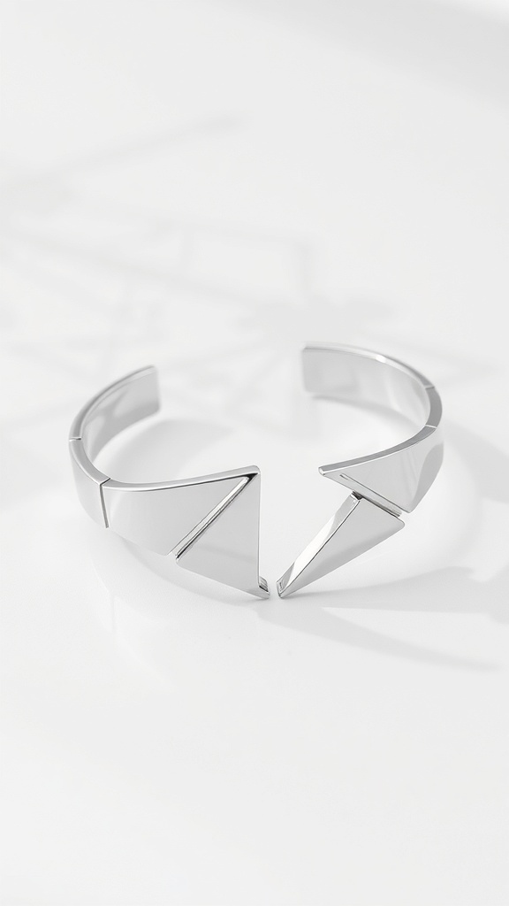 A silver bracelet featuring geometric shapes with sharp angles.