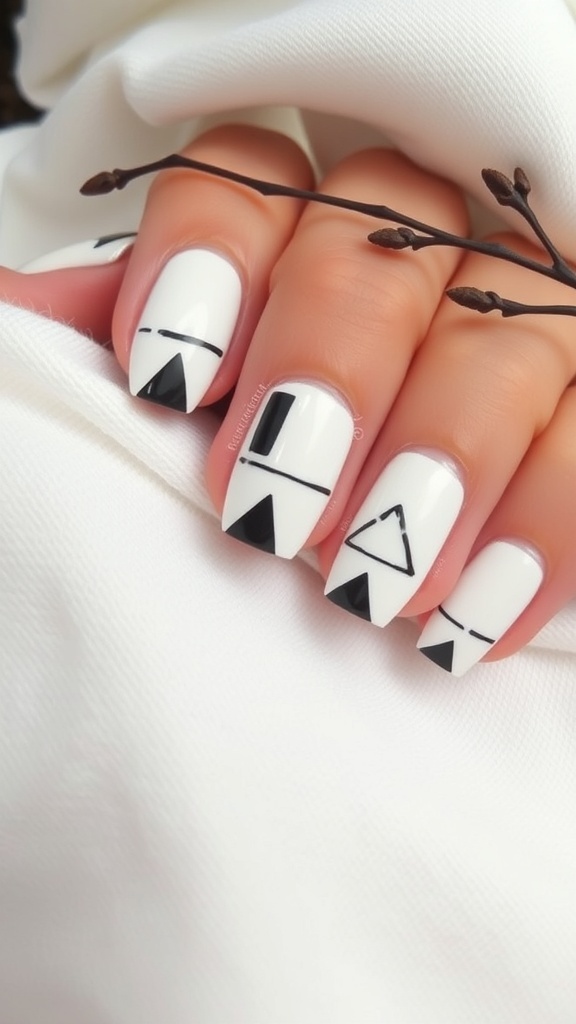 Minimalist geometric nail art with black designs on a white background.