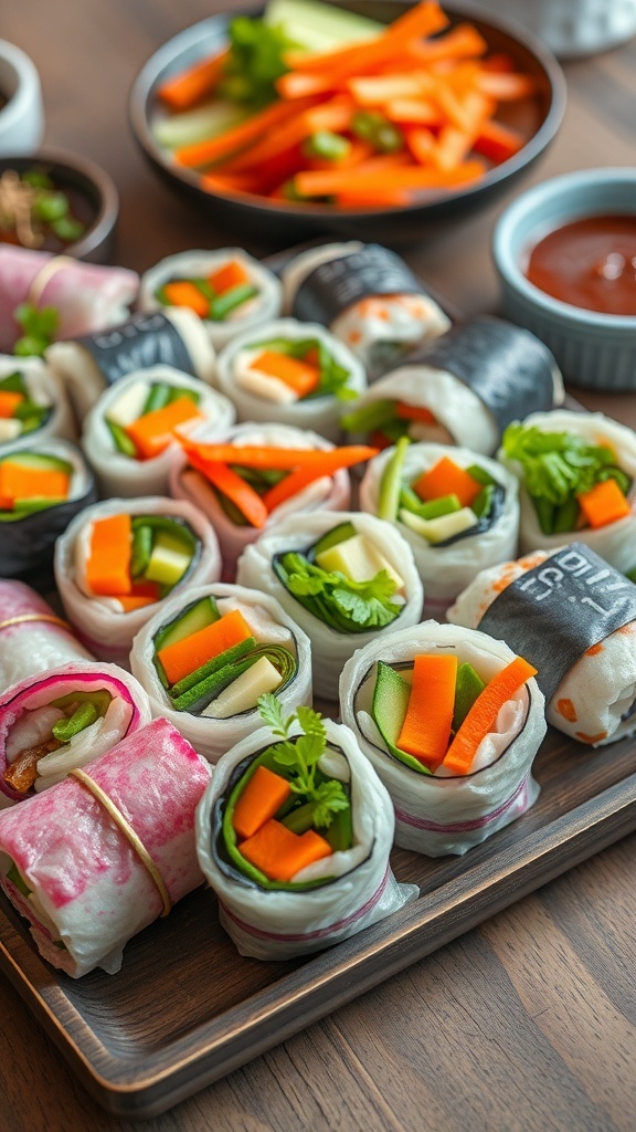 A platter of colorful gimbap rolls filled with fresh vegetables, served with dipping sauce and side vegetables.