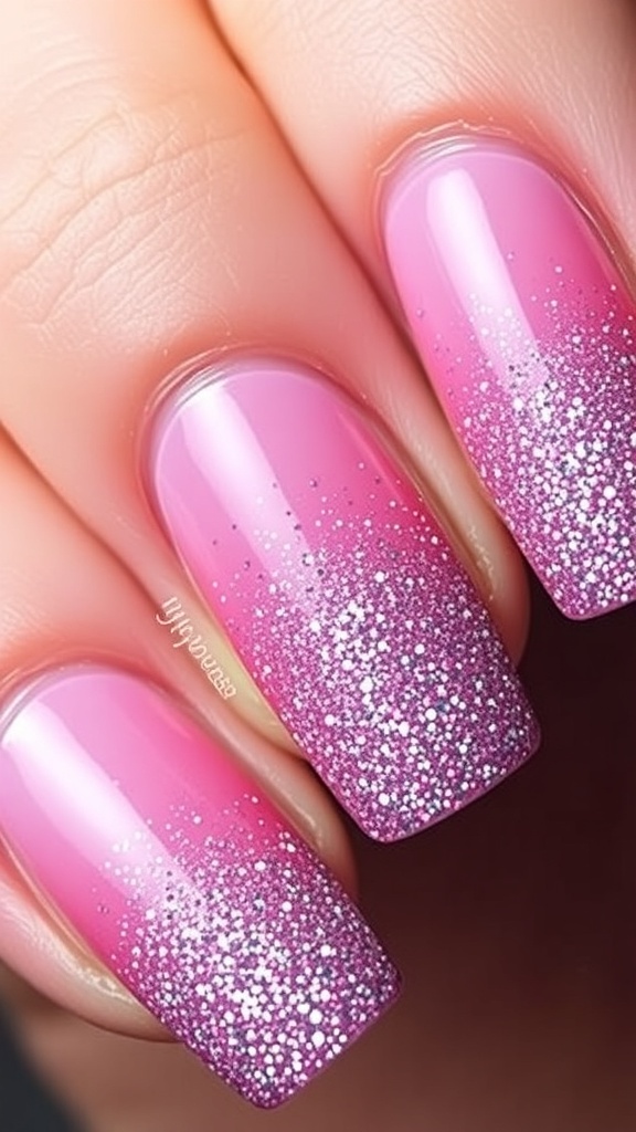 Close-up of hands with glamorous glitter gradient nails in pink and silver.