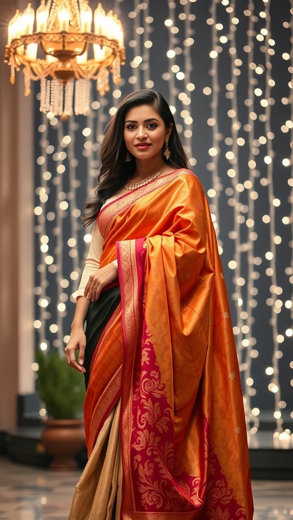 A woman wearing a glamorous saree in vibrant orange and green, styled uniquely for a festive occasion.
