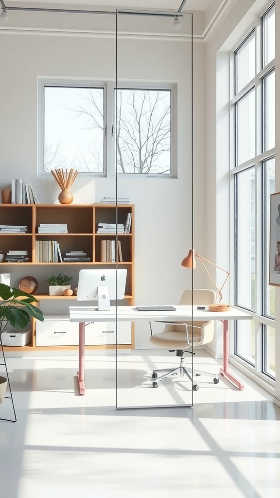 A modern office space featuring a glass panel pony wall, dividing the workspace from the rest of the room.