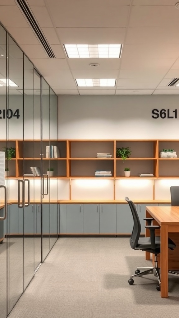 An office space featuring glass partitions and integrated wooden shelving.