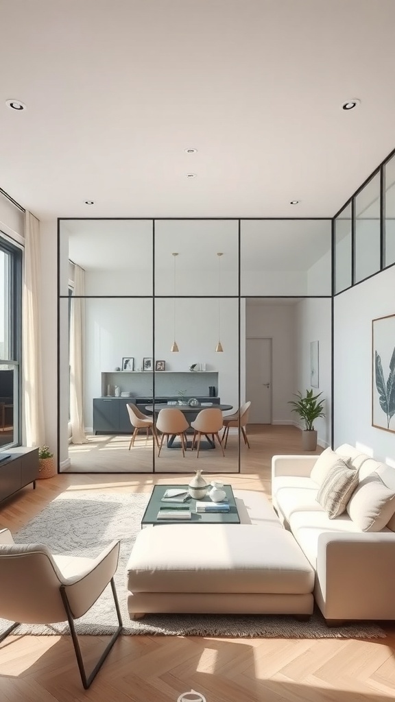 A modern living room featuring a glass partition that separates the space while allowing natural light to flow through.