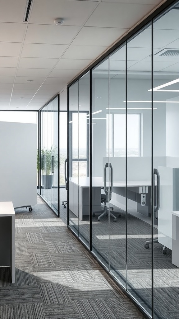 A modern office space featuring glass partitions that create separate work areas while allowing light to flow through.