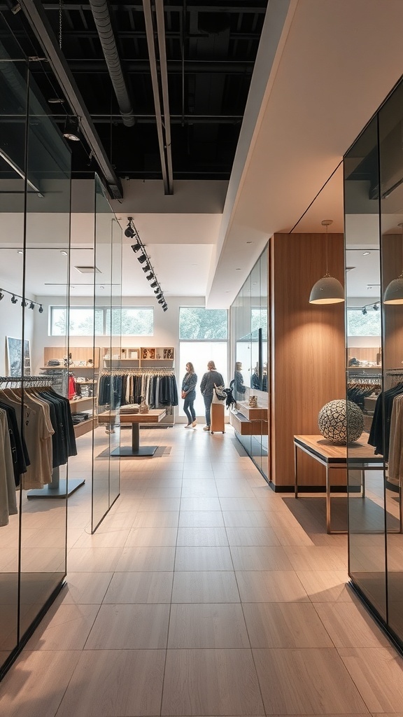 Interior of a retail store featuring glass partitions, wooden accents, and clothing displays.