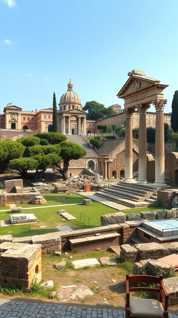 Ancient ruins at the Roman Forum with columns, greenery, and historical buildings.