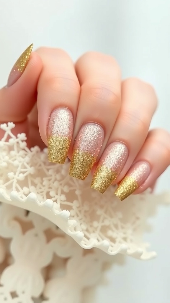 A close-up of bridal nails featuring a glitter ombre design with a pink base and gold tips.