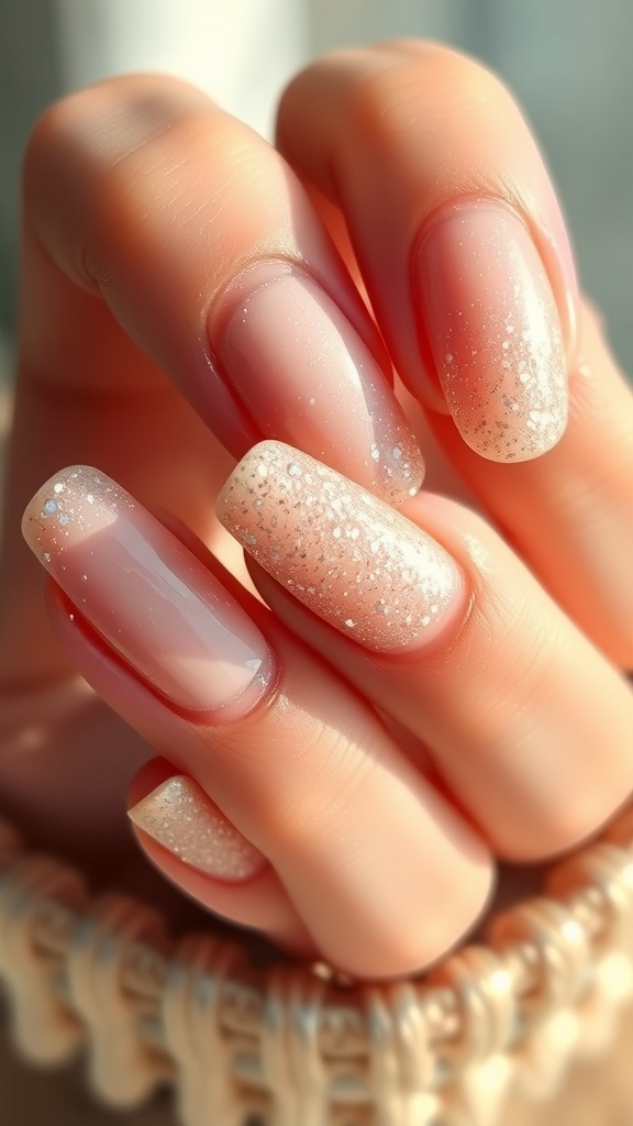 Close-up of hands with glitter ombre nude nails, showcasing a gradient effect from nude to glittery tips.