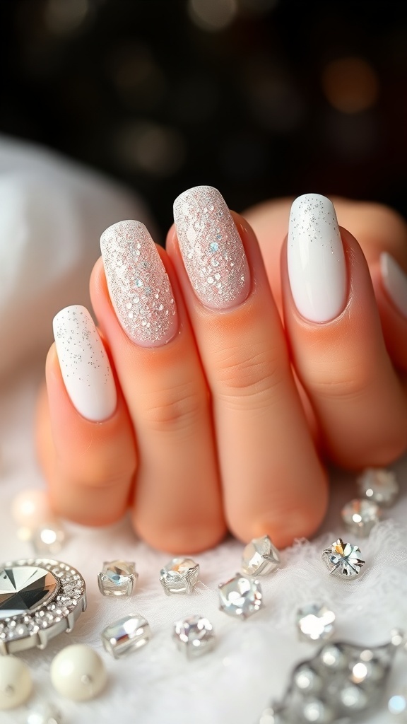 Close-up of hands with glittering French tip nails, surrounded by sparkling jewelry.