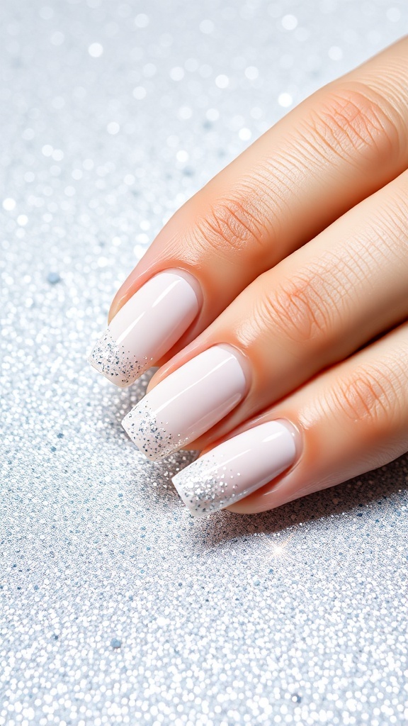 A hand with glittery white almond nails on a sparkling background